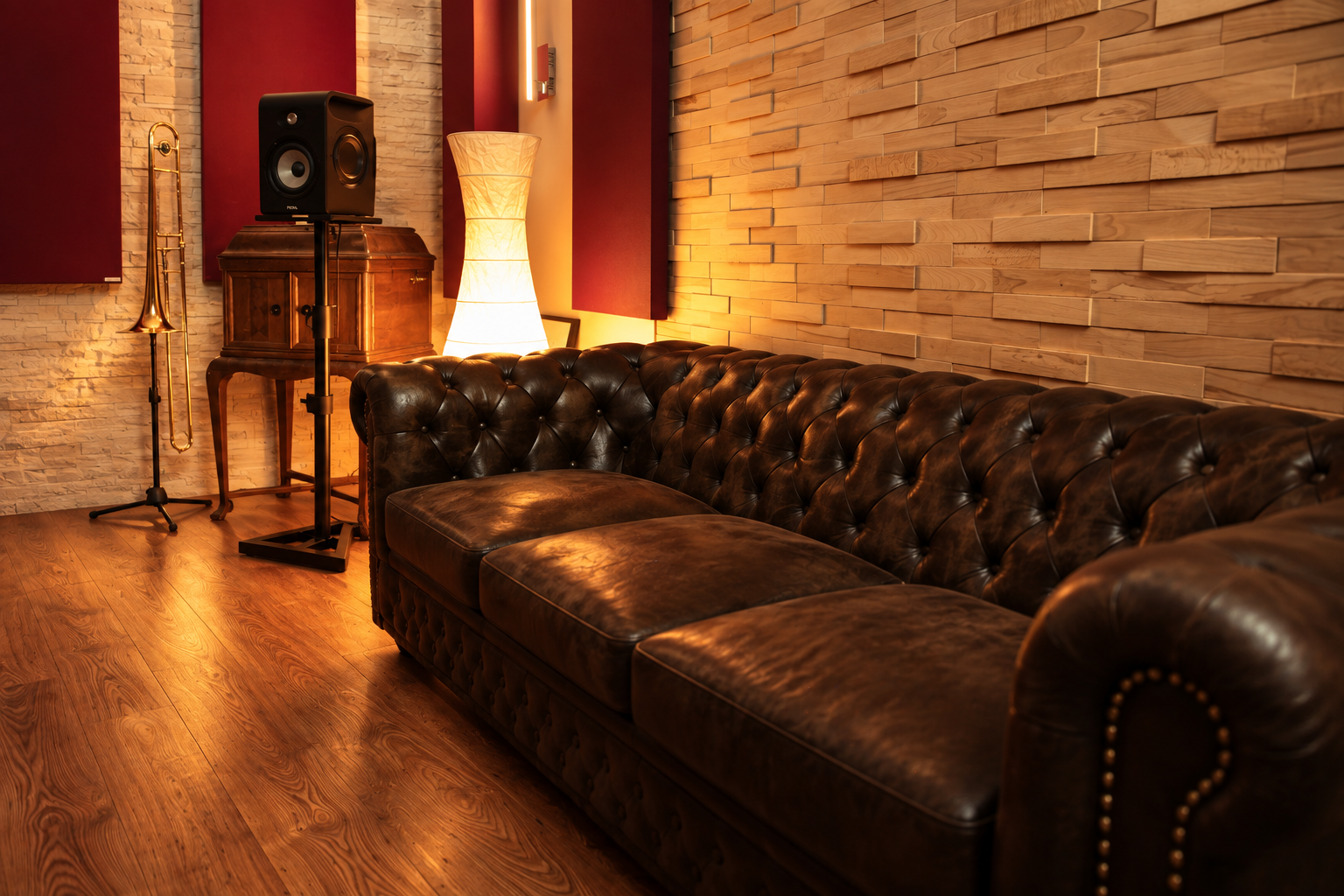 Canapé en cuir et espace d’écoute du studio